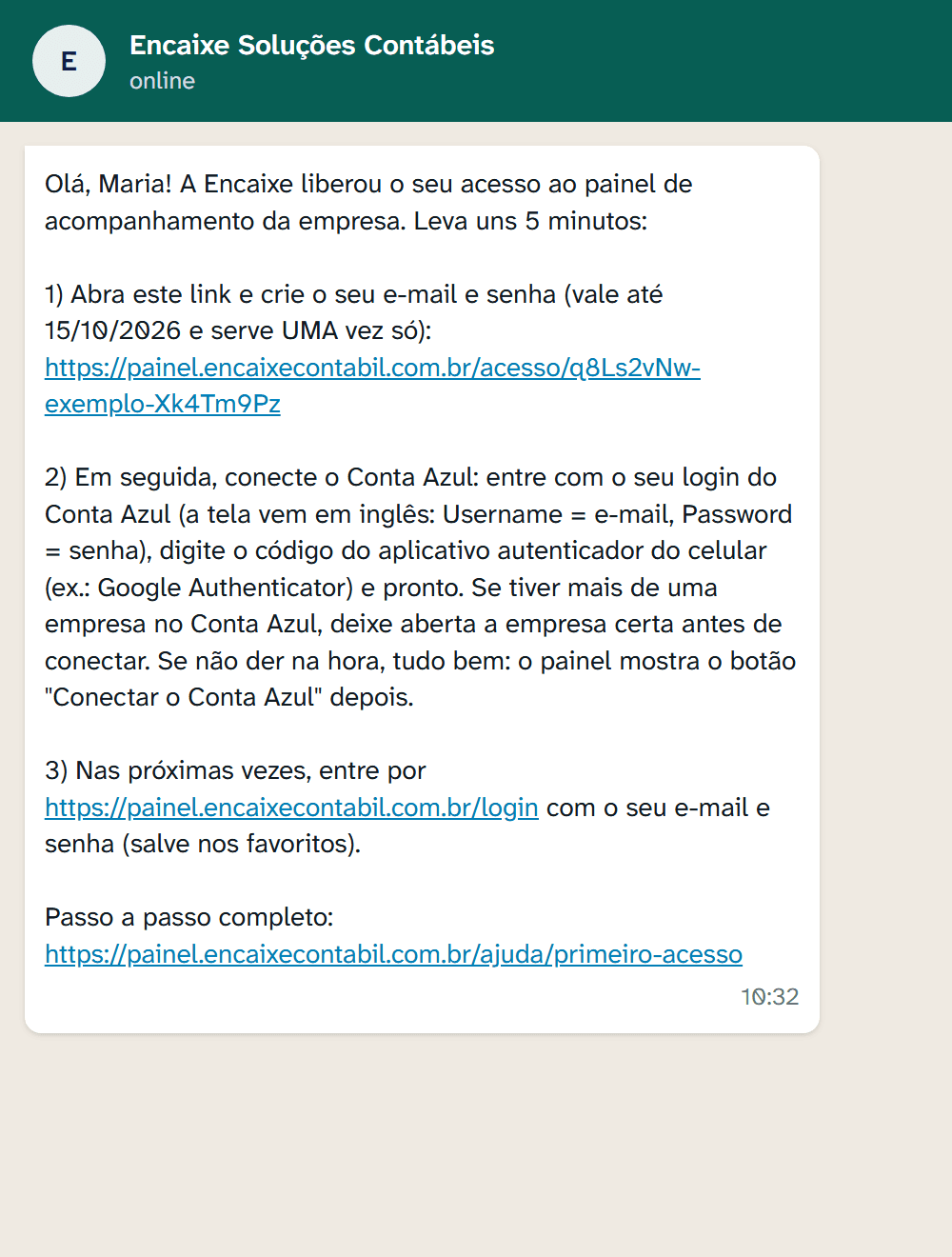 Assim a mensagem chega no WhatsApp (exemplo). Toque no primeiro link azul.