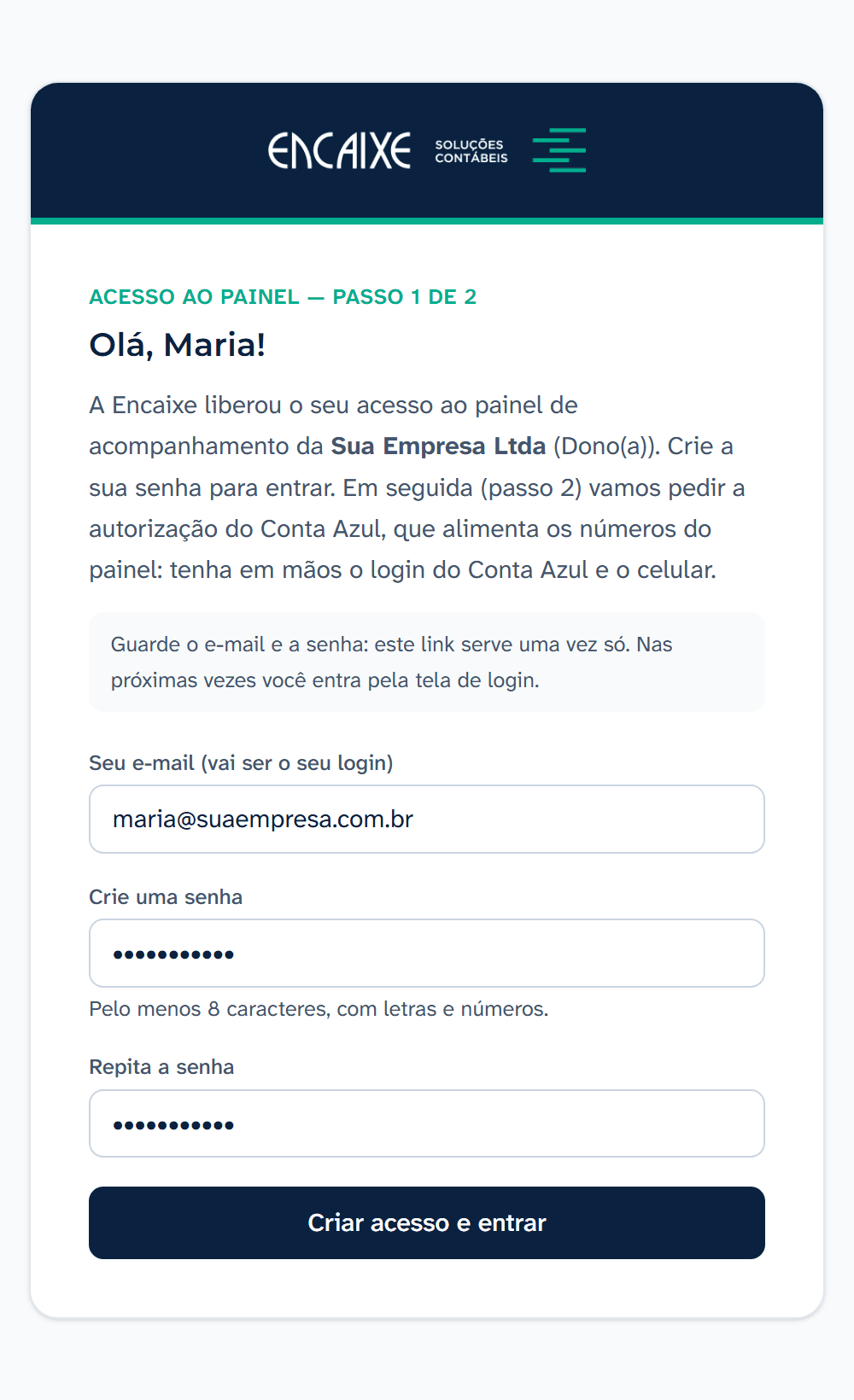 A tela de criar o acesso, já preenchida (exemplo).