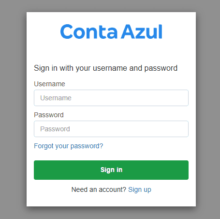 A tela de entrada do Conta Azul, em inglês: Username é o e-mail; Password é a senha.